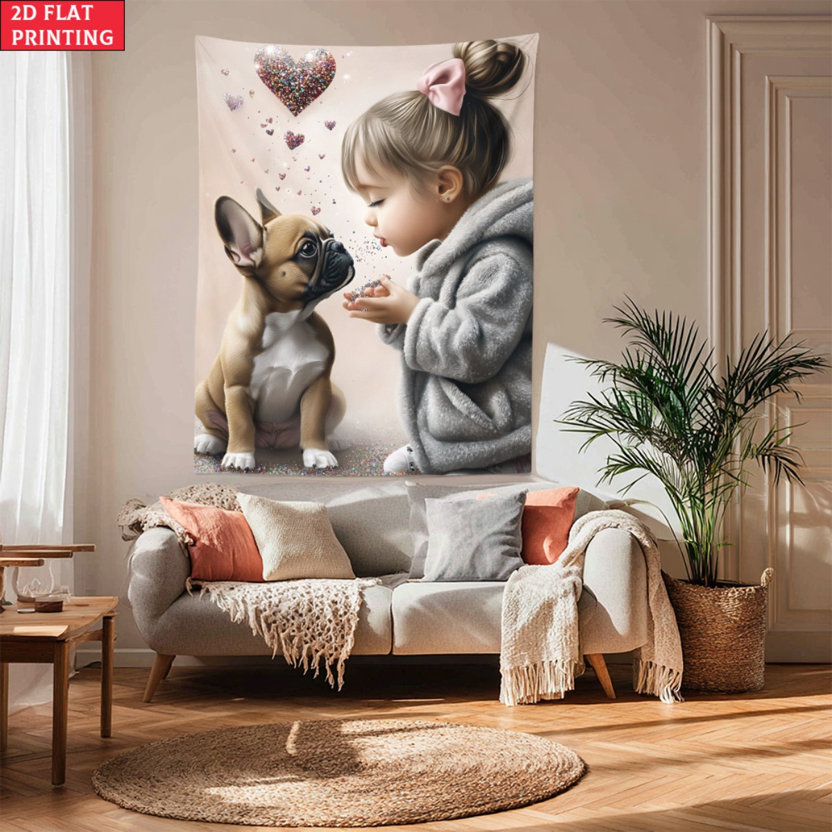 Baby Nursery Wall Art - Fille avec bouledogue français chiot coeur